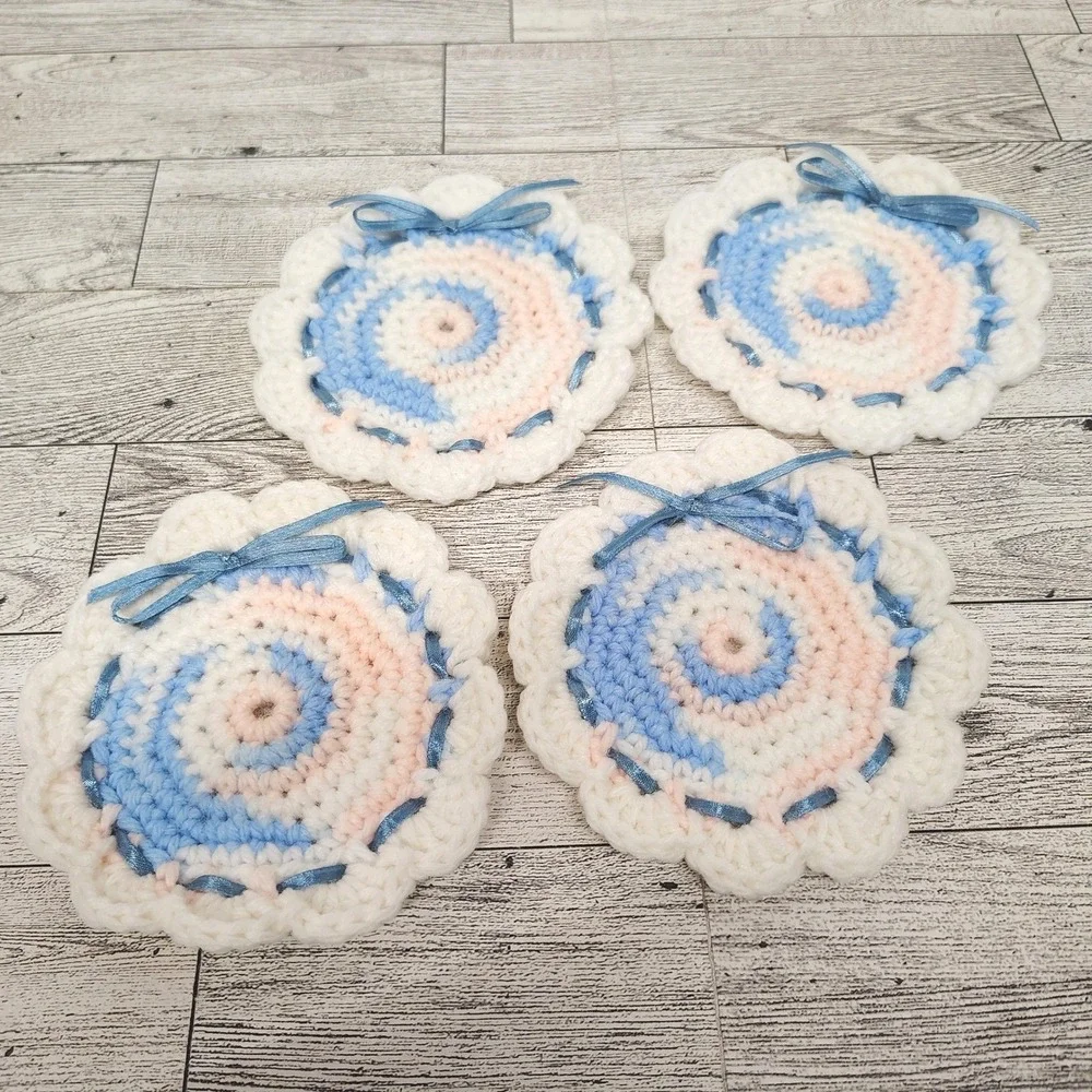 Handmade Crochet Coasters (Set of 4) Pastel Blue Pink Ribbon Accent Cottagecore